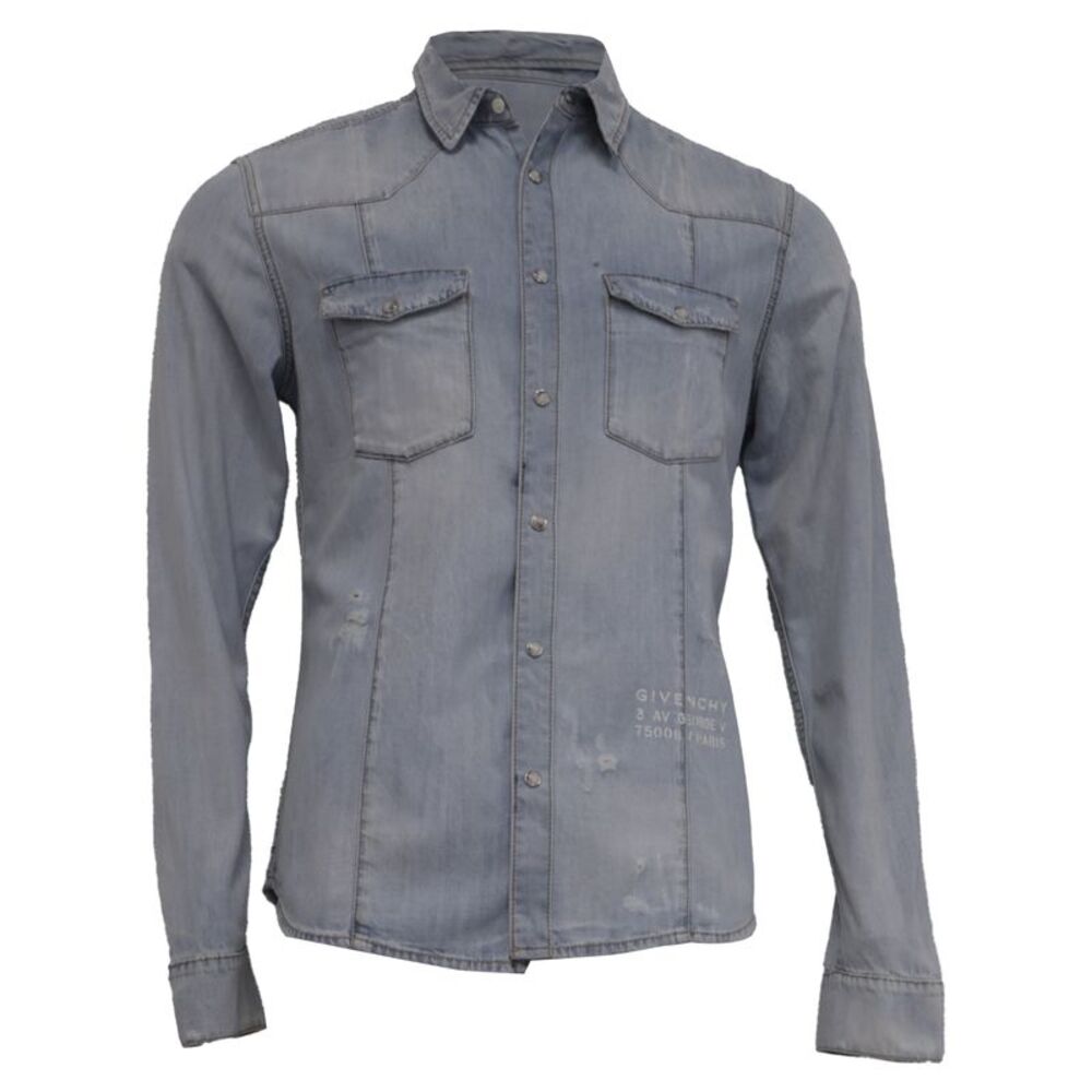 Givenchy Distressed Slim-Fit Denim Shirt in Blue Cotton